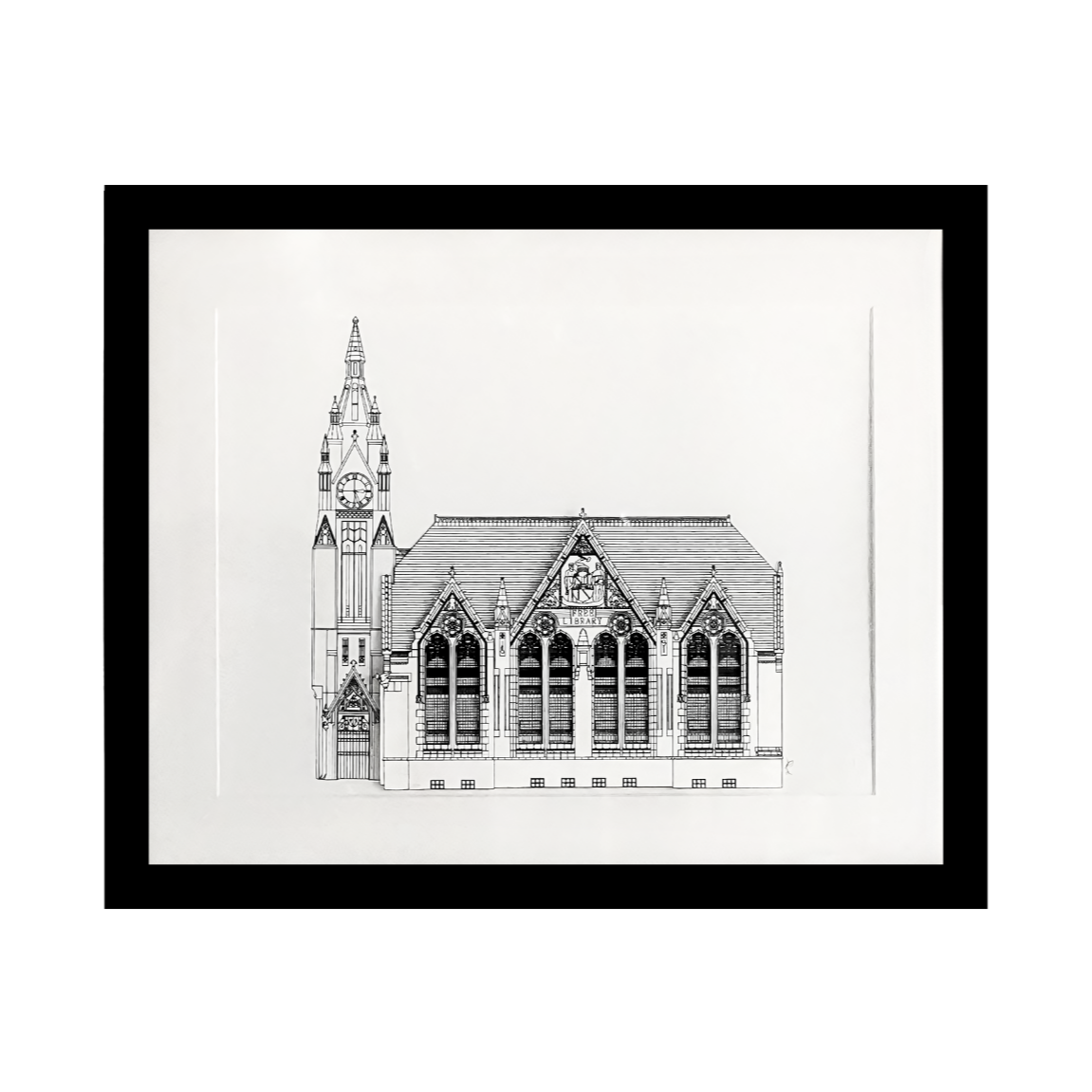 Framed black and white architectural drawing of a building on a white background
