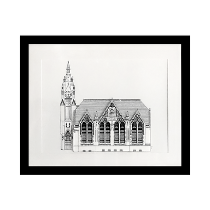 Framed black and white architectural drawing of a building on a white background