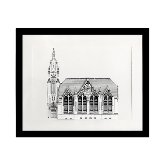 Framed black and white architectural drawing of a building on a white background