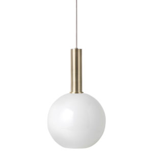 White opal glass shade with glossy finish. Brass plated metal pendant and canopy with light grey fabric cord Contemporary Designer Lighting